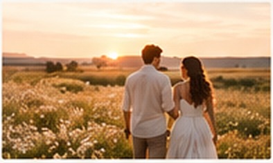 Casal caminhando ao pôr do sol